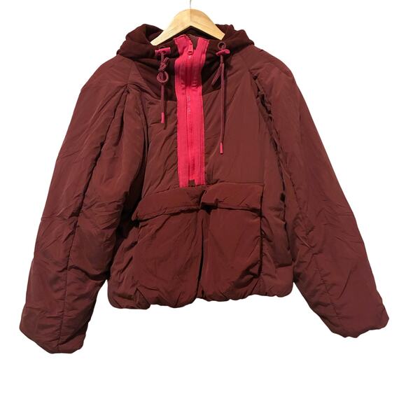 Free People In a Pillow Puffer Anorak Coat Size S Pink 1/2 Zip Insulated Hooded - Picture 2 of 8